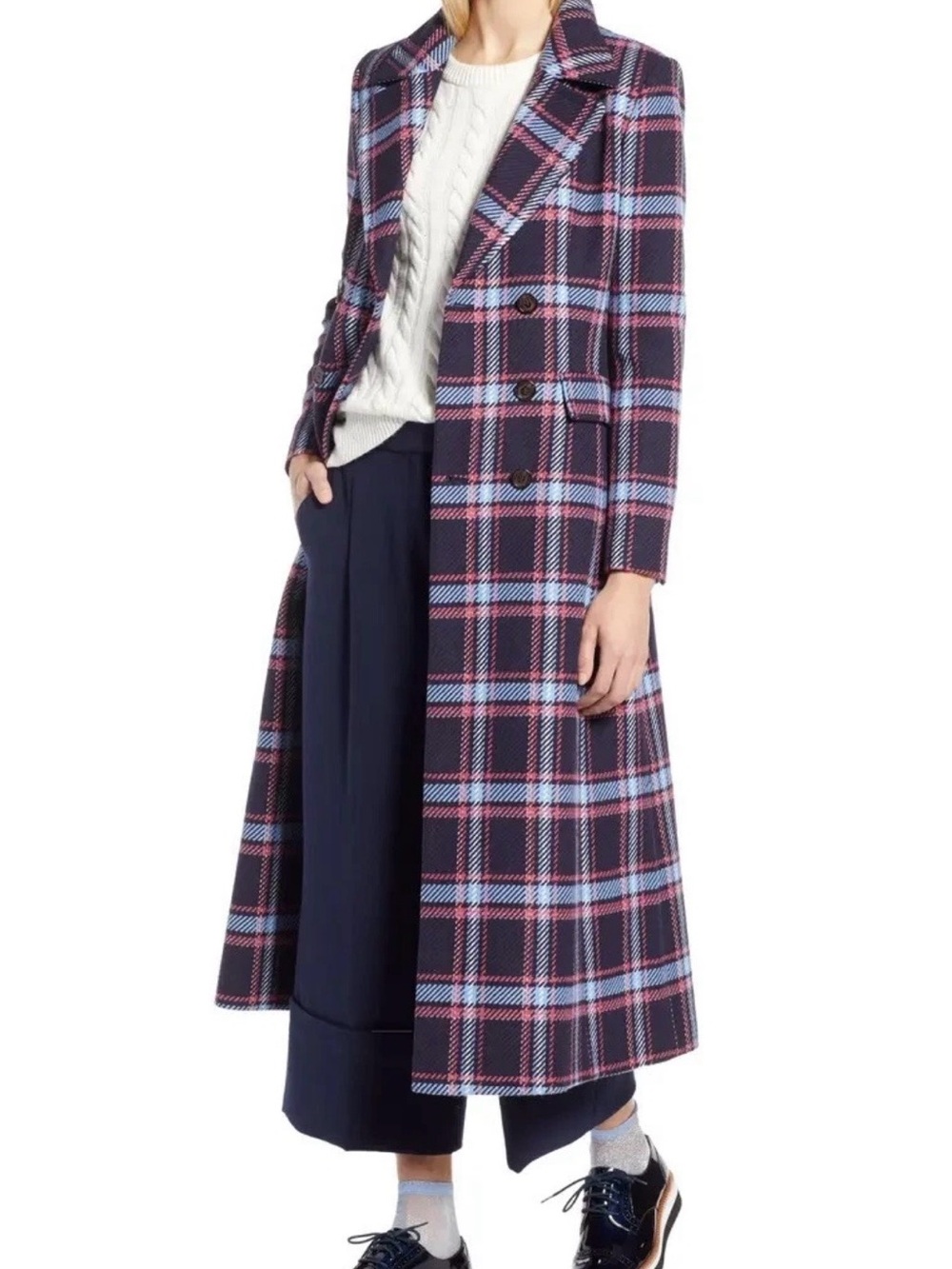 Halogen x Atlantic Pacific Navy Plaid Long Pea Coat with Pink & Light Blue Check
